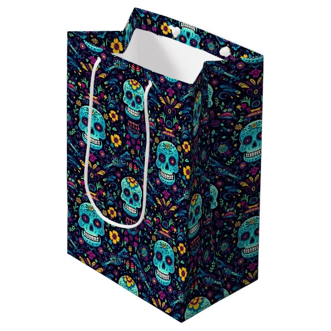 Sac Cadeau Moyen Día de Muertos Reverie : Turquoise Sugar Skull Spe (Devant Angle)