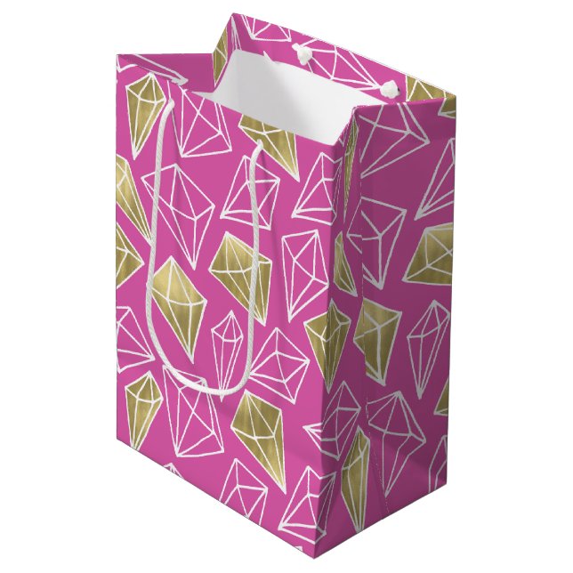Sac Cadeau Moyen Diamants d'or rose Chic Anniversaire (Devant Angle)