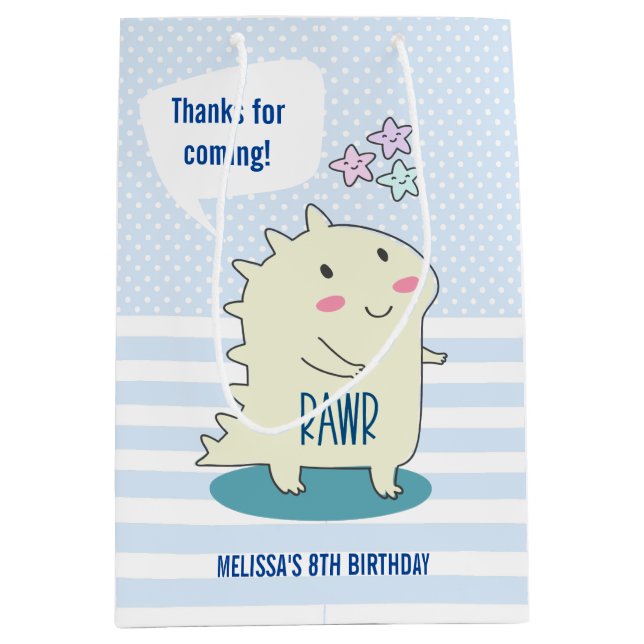 Sac Cadeau Moyen Dino Jaune mignonne avec Happy Stars Anniversaire  (Devant)