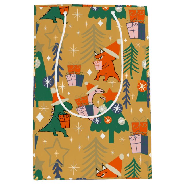 Sac Cadeau Moyen Dinosaur Noël fête Jaune (Devant)