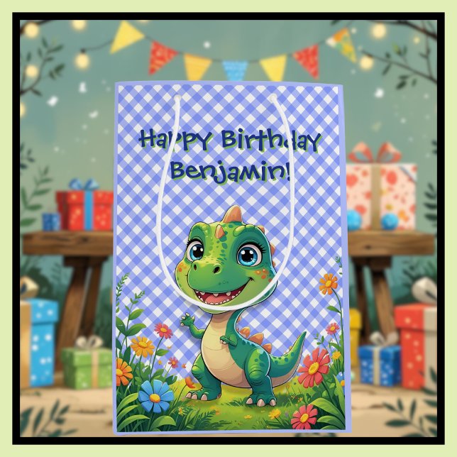 Sac Cadeau Moyen Dinosaure Vert bleu En vichy Anniversaire présent (Créateur téléchargé)