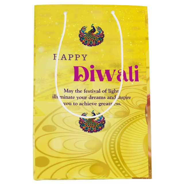 Sac Cadeau Moyen Diwali Jaune Mandala Lampe Peacock Personnalisé (Devant)