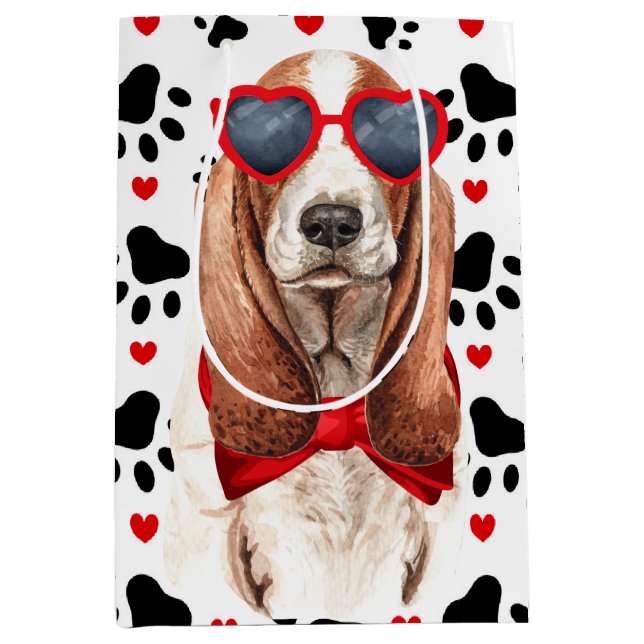 Sac Cadeau Moyen Drôle Basset Hound Dog Love Red Hearts and Paws (Devant)