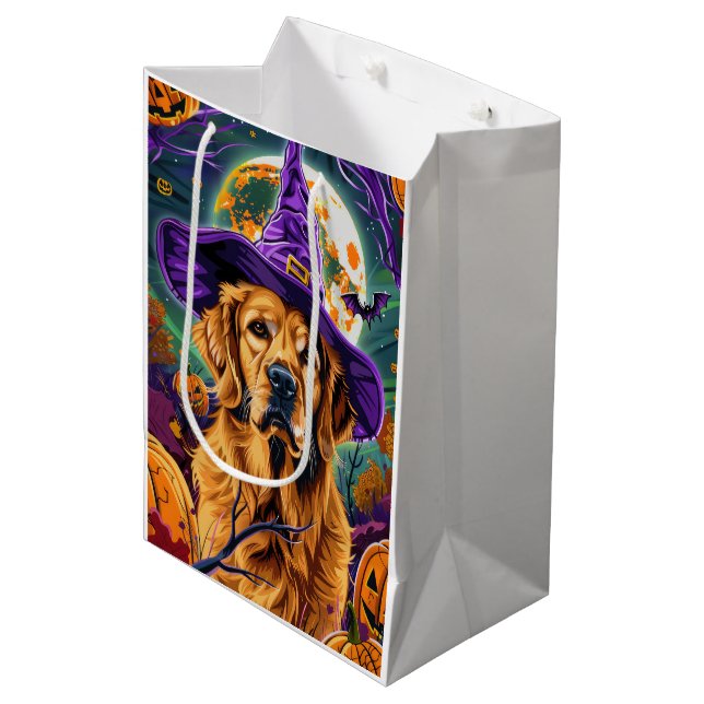 Sac Cadeau Moyen Éffrayant Golden Retriever Halloween sorcier Citro (Devant Angle)