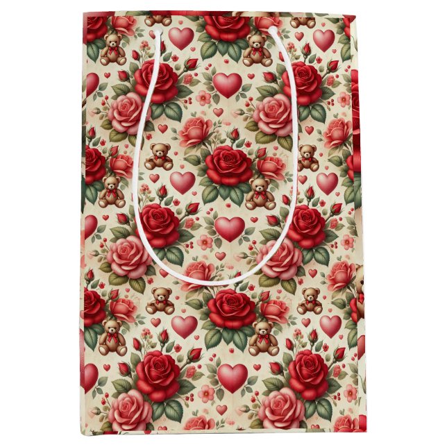 Sac Cadeau Moyen Élégance romantique : Roses et coeurs (Devant)