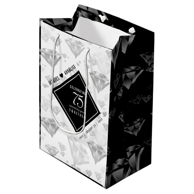 Sac Cadeau Moyen Élégant 75e anniversaire de Mariage de diamant (Devant Angle)