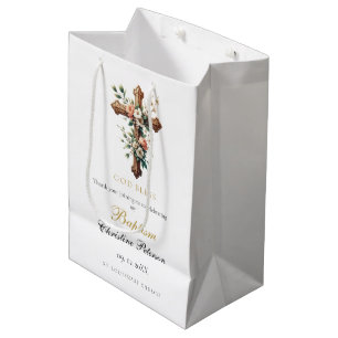 Sac Cadeau Moyen Elégant aquarelle Floral Cross Baptism