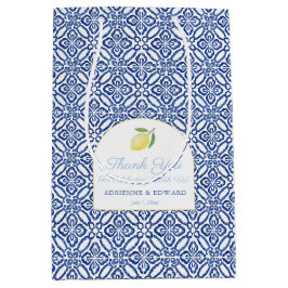 Sac Cadeau Moyen Elégant Arc Lemons Carreaux Bleus Mariage Bienvenu