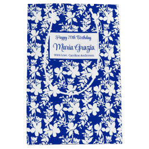 Sac Cadeau Moyen Elégant bleu blanc floral 70e anniversaire
