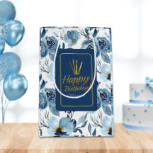 Elégant bleu bleu floral blanc joyeux anniversaire