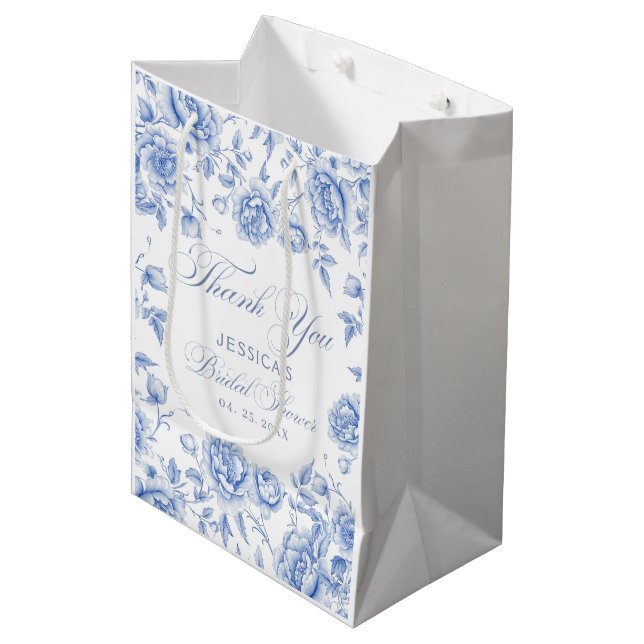 Sac Cadeau Moyen Elégant Bleu Chic Toile Chinoiserie Fête des marié (Devant Angle)
