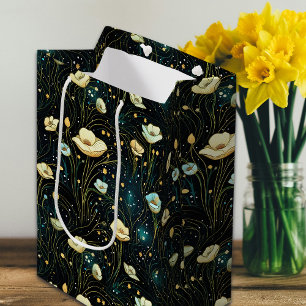 Sac Cadeau Moyen Élégant bleu nuit céleste floral
