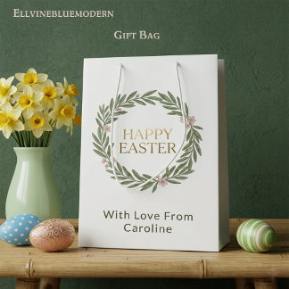 Sac Cadeau Moyen Elegant Botanical Gold Wreath Moss Green Easter