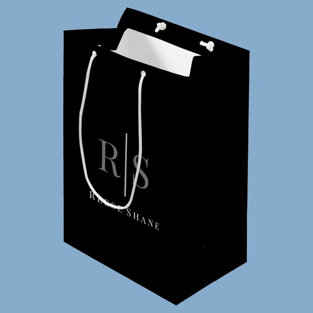 Sac Cadeau Moyen Elegant DIY Grey Monogram & White Name, Black (Créateur téléchargé)