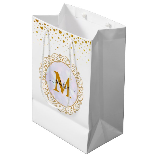 Sac Cadeau Moyen Elegant Gold Glitter Initial & Name (Devant Angle)