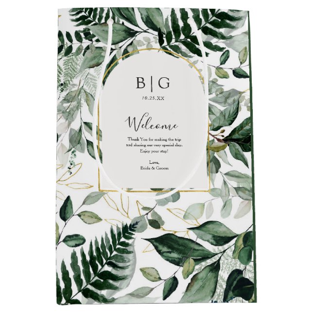 Sac Cadeau Moyen Elegant Green Botanical Mariage (Devant)
