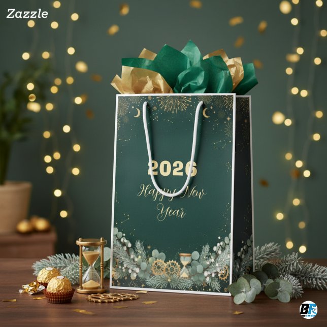 Sac Cadeau Moyen Elegant Green Gold 20XX New Year's Eve Celebration (Créateur téléchargé)