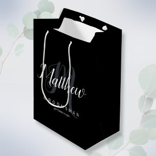 Sac Cadeau Moyen Élégant Groomsman personnalisé noir et gris