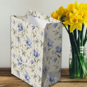 Sac Cadeau Moyen Élégant Joli Floral Bleu sur Arrière - plan crème