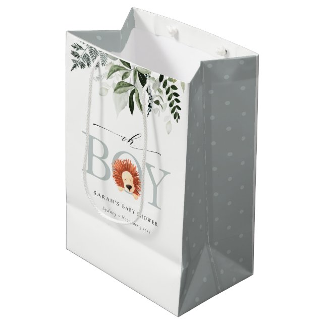 Sac Cadeau Moyen Élégant Joli Lion Foliage Oh Baby shower garçon (Devant Angle)