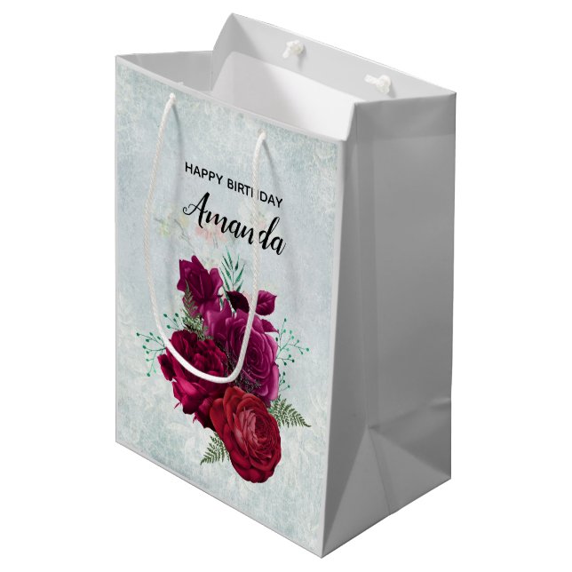 Sac Cadeau Moyen Elégant Magenta Rose Bouquet floral Anniversaire (Devant Angle)