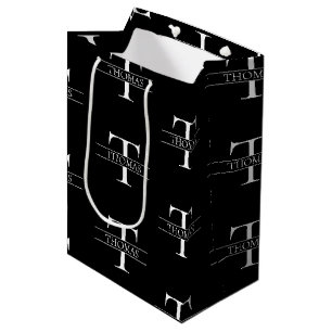 Sac Cadeau Moyen Élégant Monogramme noir Nom personnalisé Motif