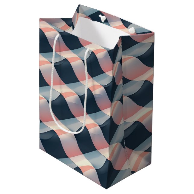Sac Cadeau Moyen Élégant Motif 3D Wave en Turquoise, Rose et crème (Devant Angle)