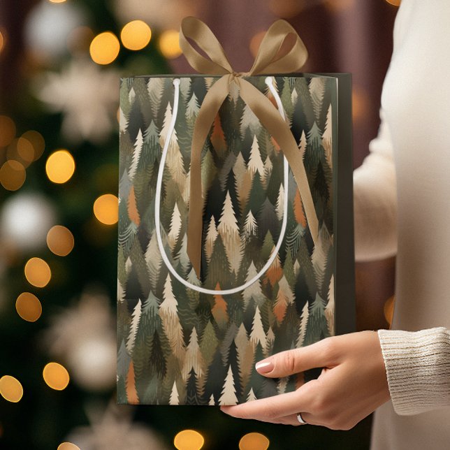 Sac Cadeau Moyen Élégant Motif d'arbre à pin | Forêt rustique (Créateur téléchargé)
