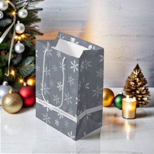 Sac Cadeau Moyen Élégant motif de flocons de neige gris et blanc