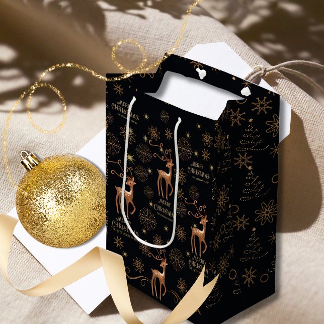 Sac Cadeau Moyen Élégant Noir & Or Cerf personnalisé Noël (Elegant Black & Gold Deer Custom Christmas Medium Gift Bag)