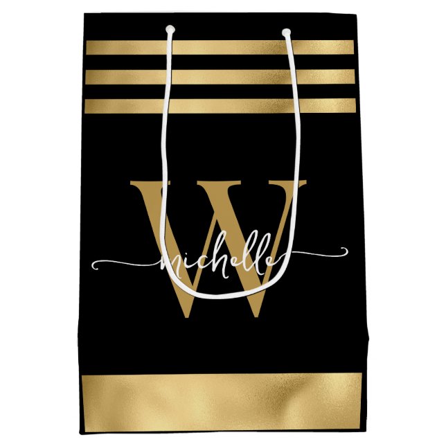 Sac Cadeau Moyen Élégant noir orné de rayures monogramme script gir (Dos)