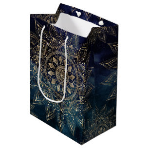 Sac Cadeau Moyen Elégant or Mandala Blue Galaxy Design