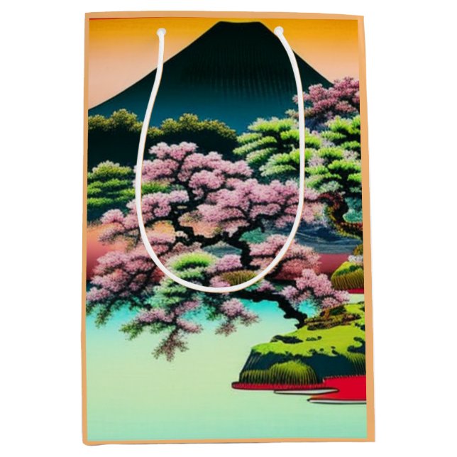 Sac Cadeau Moyen Élégant paysage asiatique fleurs de cerisiers (Devant)