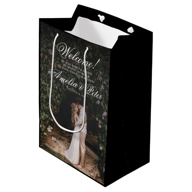 Sac Cadeau Moyen Elégant Photo Black Mariage Bienvenue (Devant Angle)