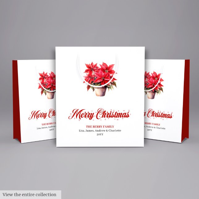 Sac Cadeau Moyen Elegant Red Poinsettias Script Font Holiday Bags (Elegant Red Poinsettia Watercolor Christmas Gift Bag)