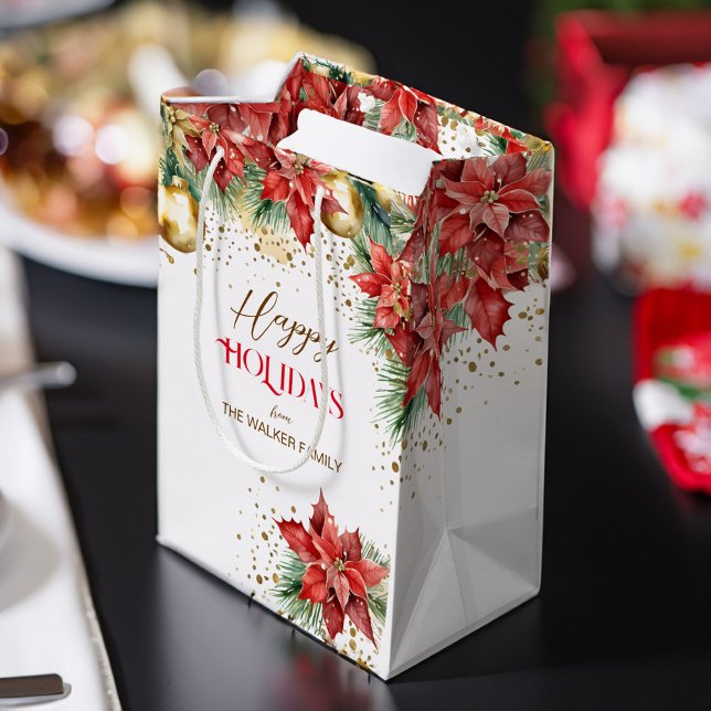 Sac Cadeau Moyen Elégante aquarelle or rouge poinsettia Noël (Elegant watercolor red poinsettia gold baubles sprinkles personalized Christmas Medium Gift Bag)