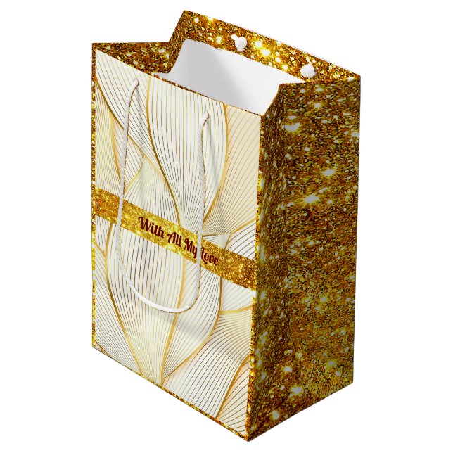 Sac Cadeau Moyen Elégante collection Floral Or Blanc (Devant Angle)