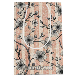 Sac Cadeau Moyen Elégante Fleur de Cerise Sakura - Rose & Blanc