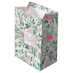 Sac Cadeau Moyen Elégante Fleurs Roses Blanches Aquarelle Florale