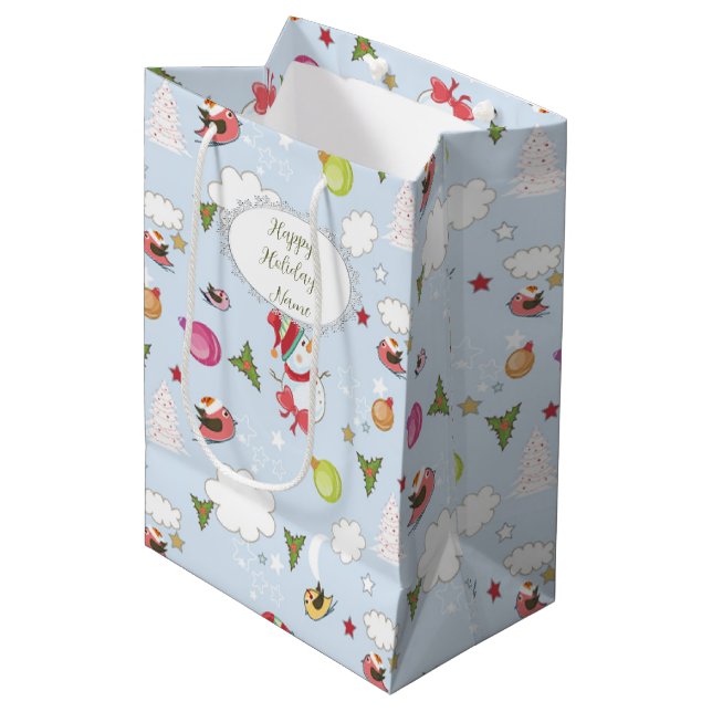 Sac Cadeau Moyen Eléments de Noël Motif Snowman (Devant Angle)