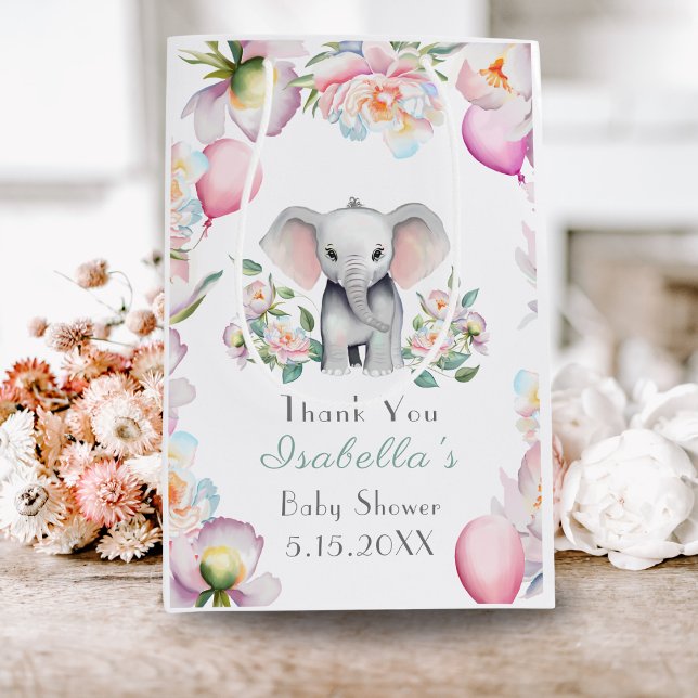 Sac Cadeau Moyen Eléphant Bébé avec pivoines et Baby shower Ballons (Celebrate joyfully with baby elephant, peonies, and balloons: shower happiness!)