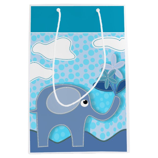 Sac Cadeau Moyen Eléphant et fleur bleu bébé (Devant)
