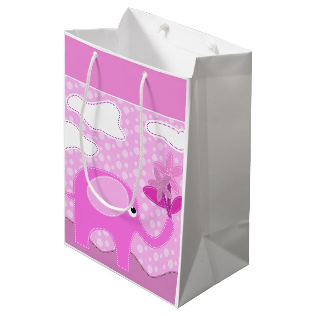 Sac Cadeau Moyen Eléphant et fleurs rose bébé (Devant Angle)
