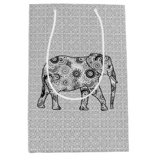 Sac Cadeau Moyen Eléphant fractal, gris, noir et blanc