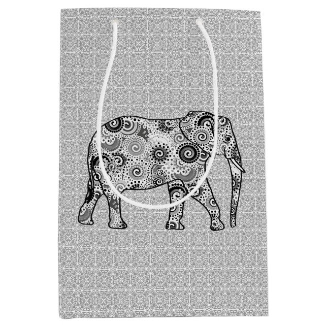 Sac Cadeau Moyen Eléphant fractal, gris, noir et blanc (Devant)