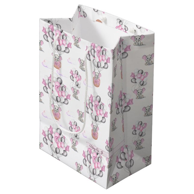 Sac Cadeau Moyen Eléphants mignons Ballons et nuages Bébé Fille (Devant Angle)