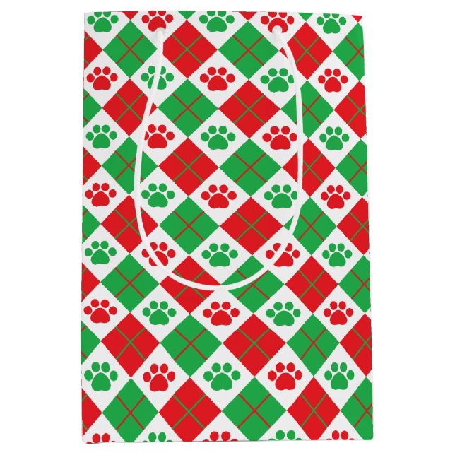 Sac Cadeau Moyen Empreinte de patte Jacquard rouge et vert (Devant)