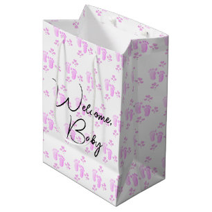 Sac Cadeau Moyen Empreintes et Coeurs de bébé roses sur blanc
