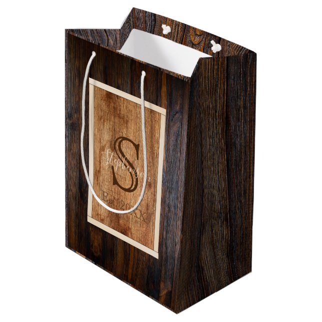 Sac cadeau moyen en bois foncé rustique avec monog (Dos Angle)