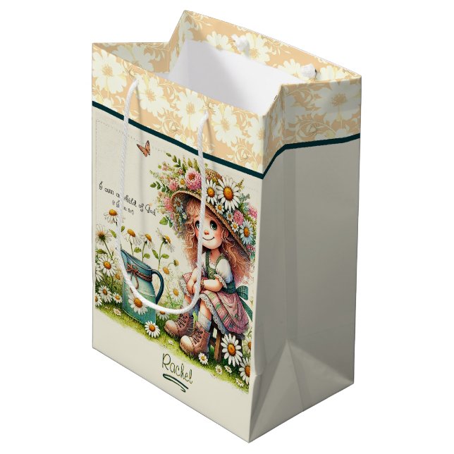 Sac Cadeau Moyen Enfant de Dieu personnalisé fille de marguerite (Devant Angle)